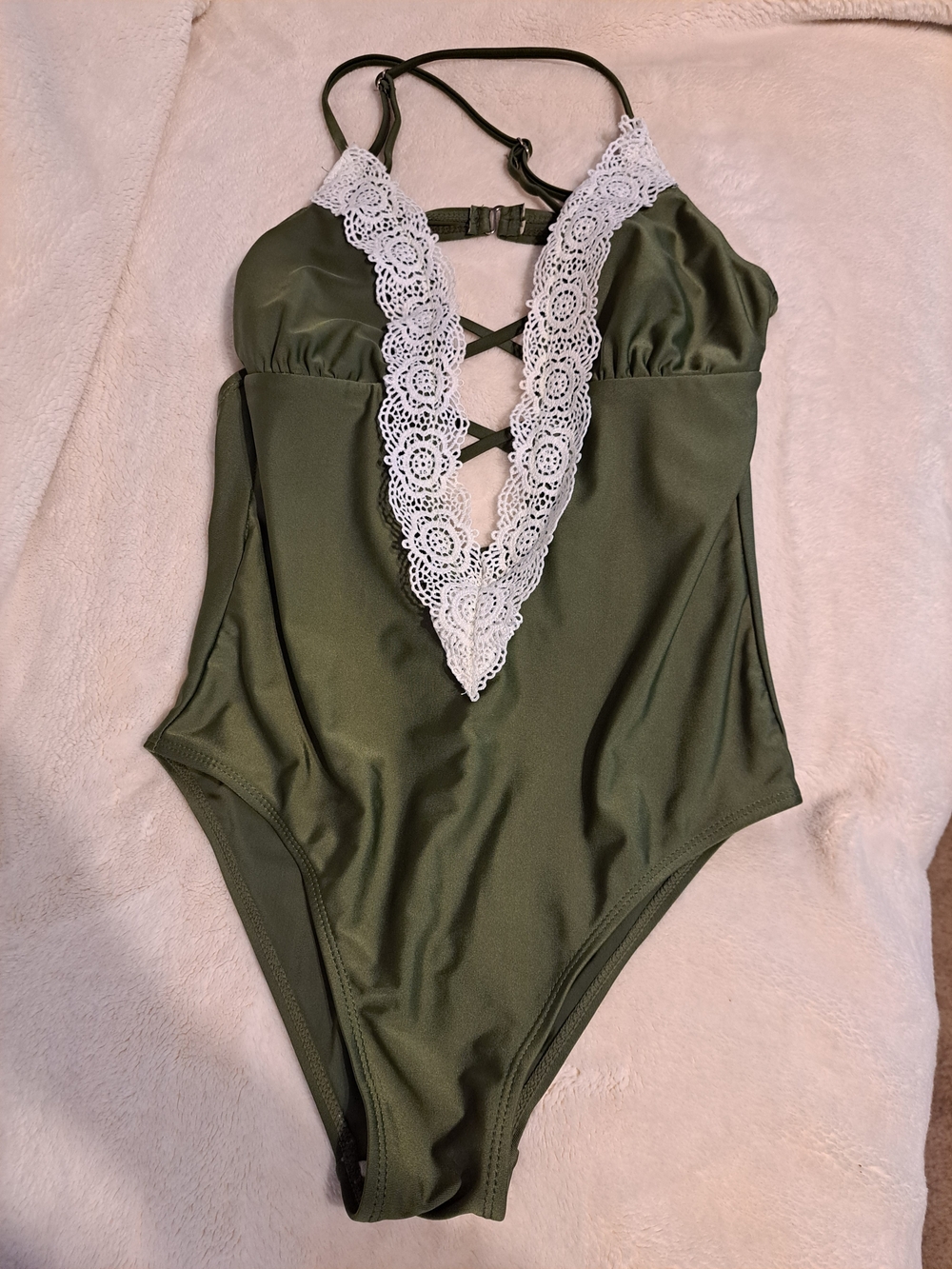 Olive Green Lace-Trim One-Piece Swimsuit